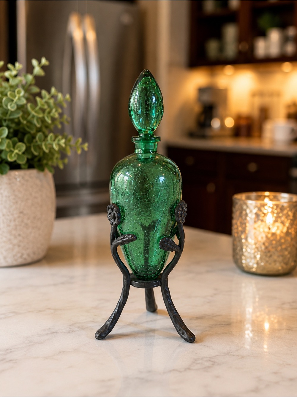 Vintage Emerald Green Crackle Glass Decanter with Stopper & Ornate Metal Stand